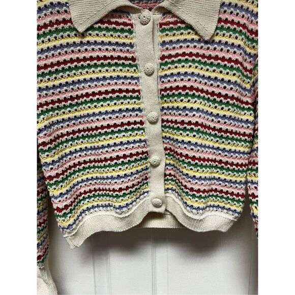 Zara Lapel Collar Rainbow Stripe Short Sleeve Cardigan Sweater Sz M EUC - Picture 4 of 7